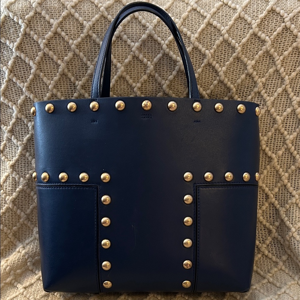 Tory Burch T Block Navy Tote with Gold Studs
